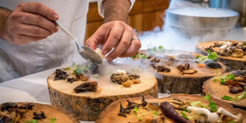 Cuisine - Chef Preparing Vegetable Dish on Tree Slab