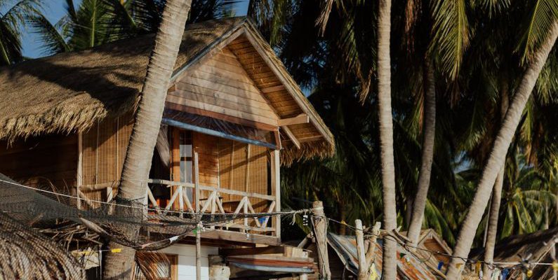 Hostels - Brown Wooden Houses On Beachside Under Coconut Trees