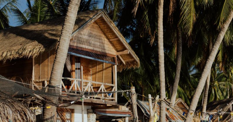 Hostels - Brown Wooden Houses On Beachside Under Coconut Trees
